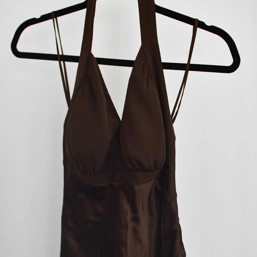 Brown Satin Halter Midi Dress Backless Y2K Minimal Slip Style - Picture 3 of 3